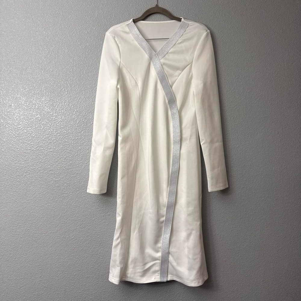 Women's White Long Sleeve Mini Dress with Silver Ribbon Detail